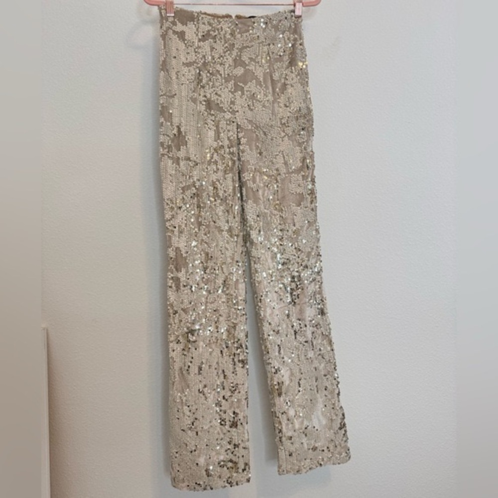 JLUXLABEL Gold Sequin Embellished Beige Velour Straight Leg Pants